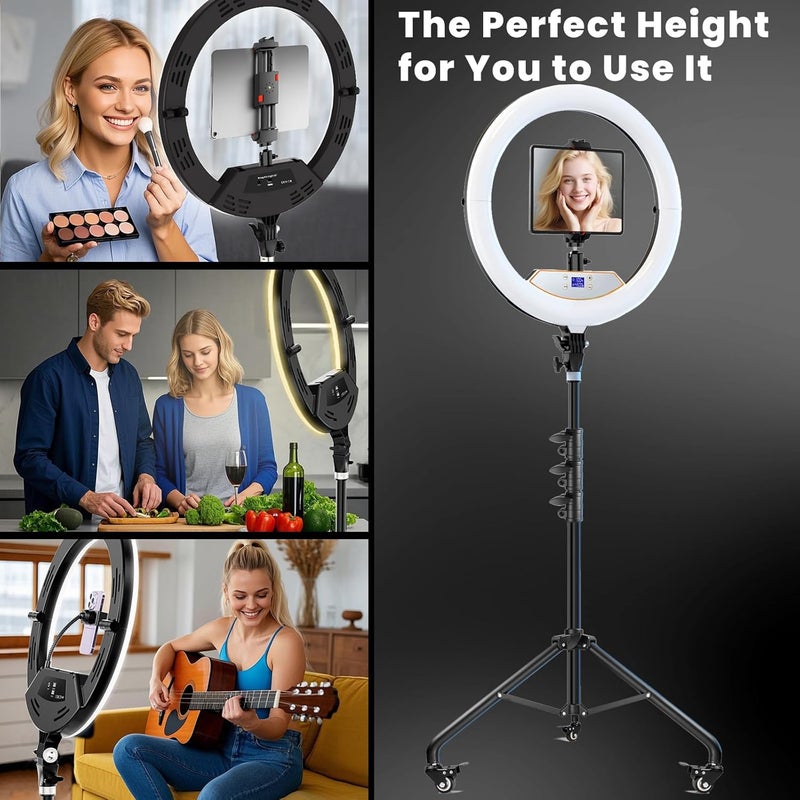 MACTREM 18" Foldable Ring Light with Stand for iPhone ipad Camera, 75" Tripod with Wheels 38W 6500K LED Display/Remote/2 USB Ports Large Big Ringlight Rolling for YouTube Facebook TikTok Live Video Recording - Image 3